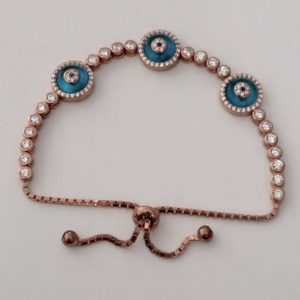 🧿925 Silver glass three-evileye slider bolo lock bracelet 14k rose gold plated